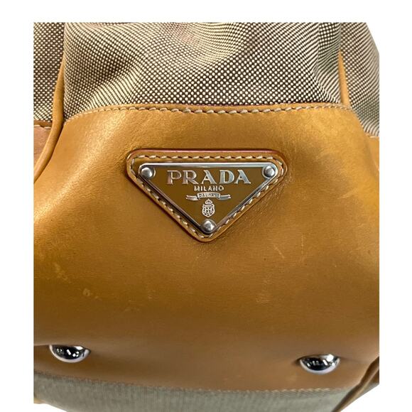 Prada Canapa Jacquard Canvas & Leather Frame Satchel Tote Bag Brown Tan Vintage - Picture 13 of 16